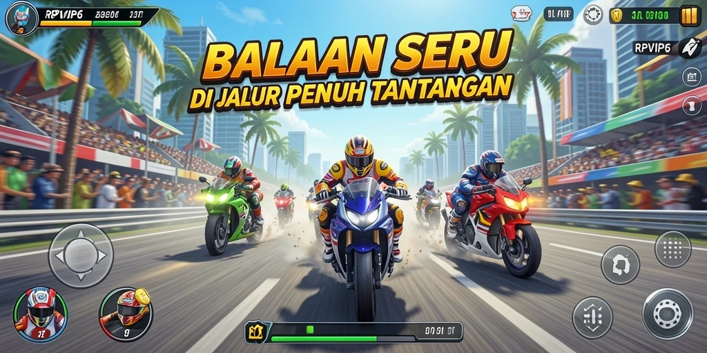 Screenshot RPVIP6 menampilkan aksi balapan mendebarkan dengan mobil kencang.